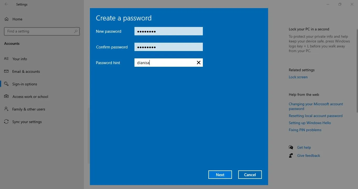 Create a Password WIndows 10