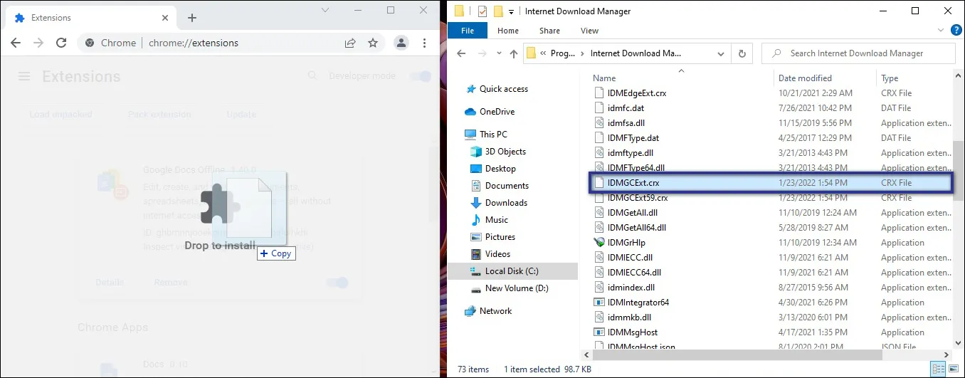Drag & Drop File IDMGCExt ke Chrome