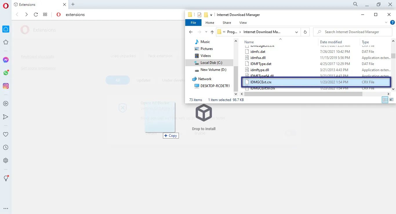 Drag & Drop File IDMGCExt ke Opera