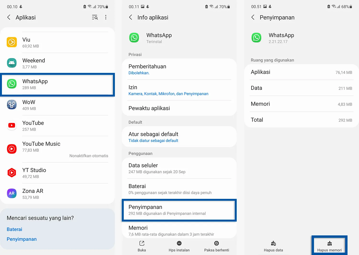 Hapus cache aplikasi WhatsApp