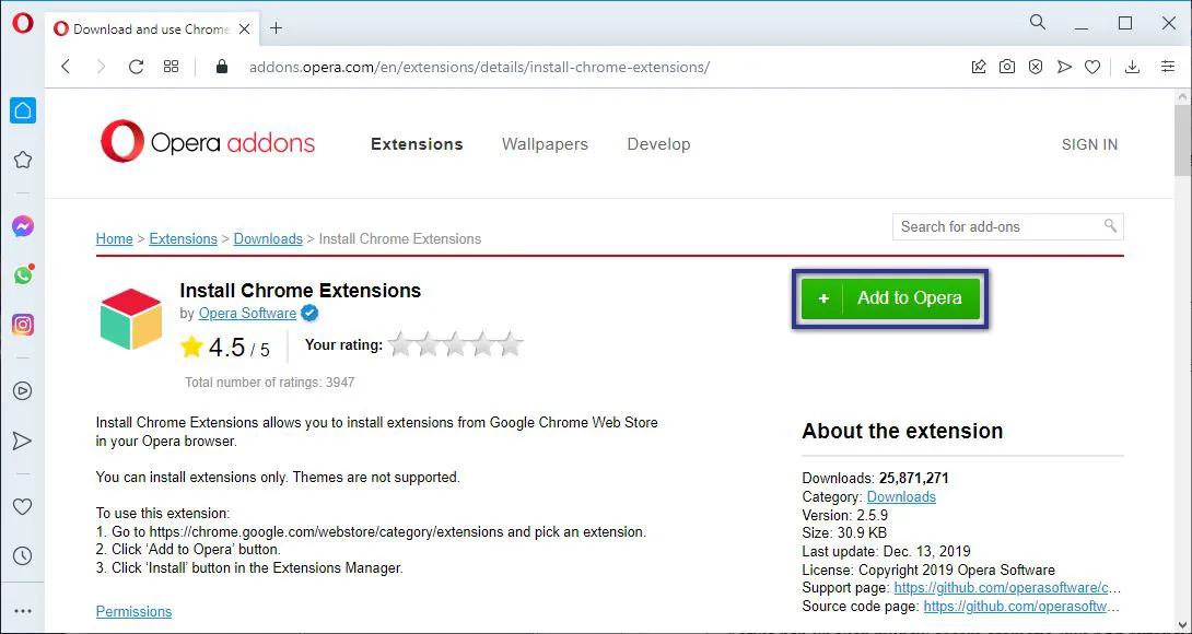 Install Chrome Extensions di Opera