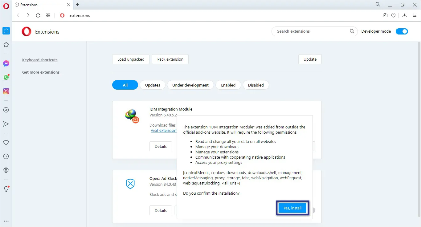 Mengaktifkan IDM di Opera