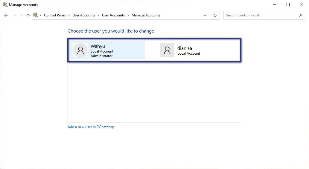 Pilih Akun Windows di Control Panel