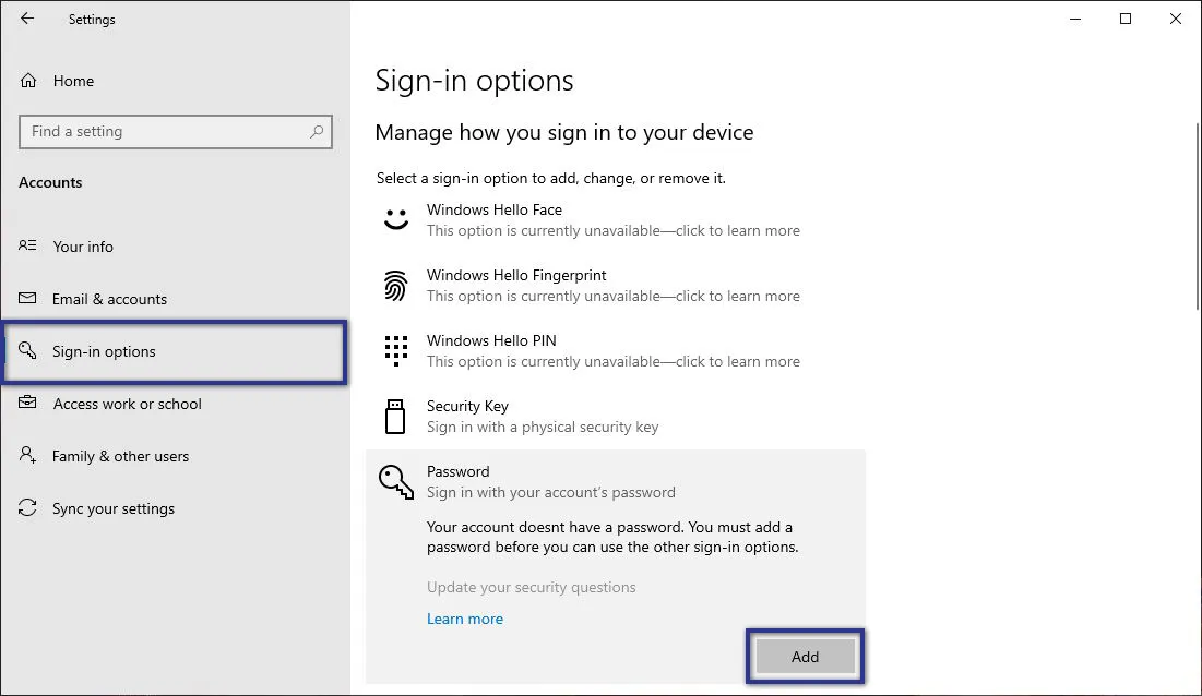 Sign-in Options Windows 10