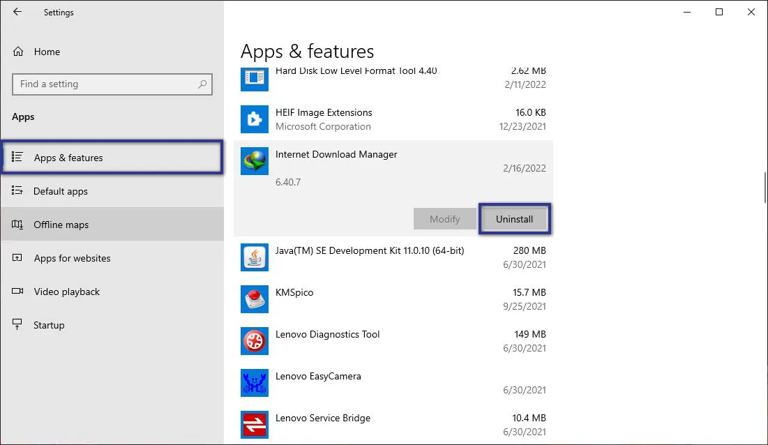 Uninstall IDM lewat Setttings