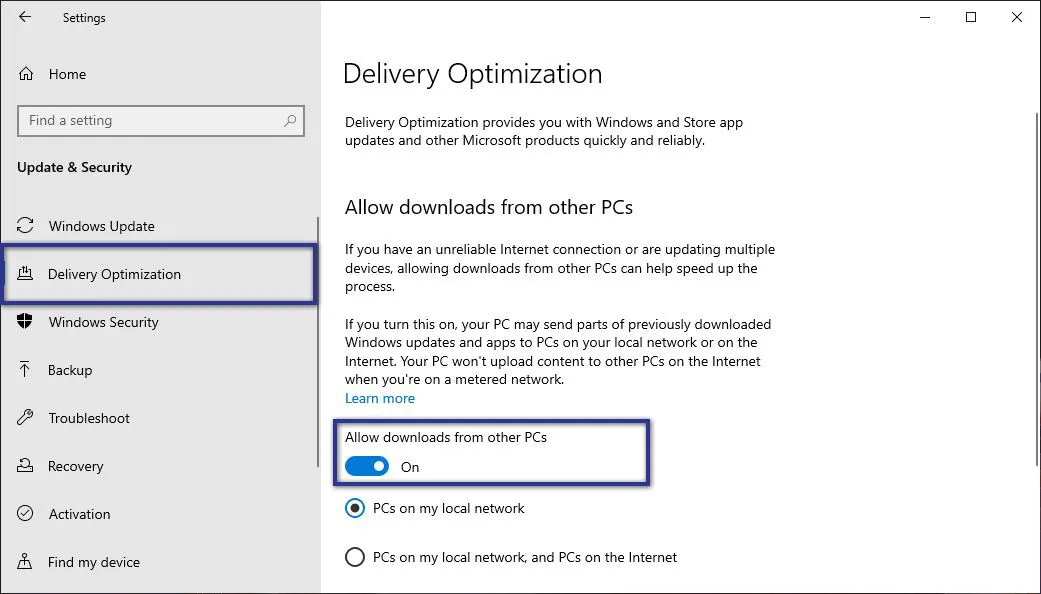 Delivery Optimization Settings