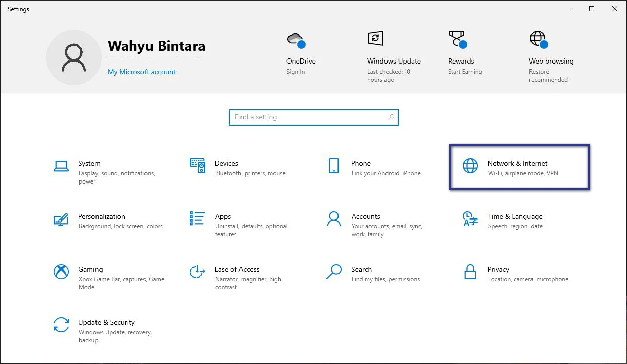 Network & Internet menu Settings