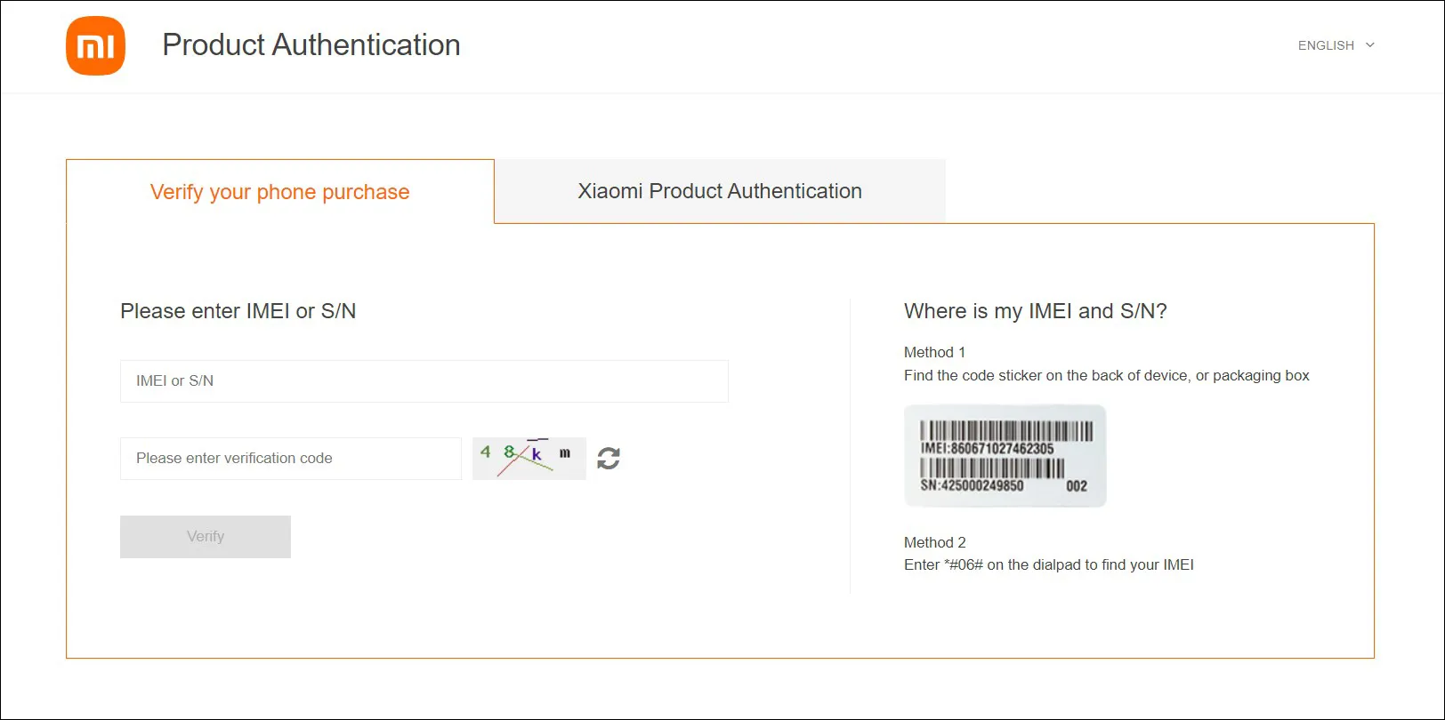 Verifikasi IMEI di situs Xiaomi