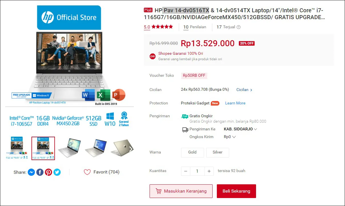 Beli HP Pav 14-dv0516TX di Shopee