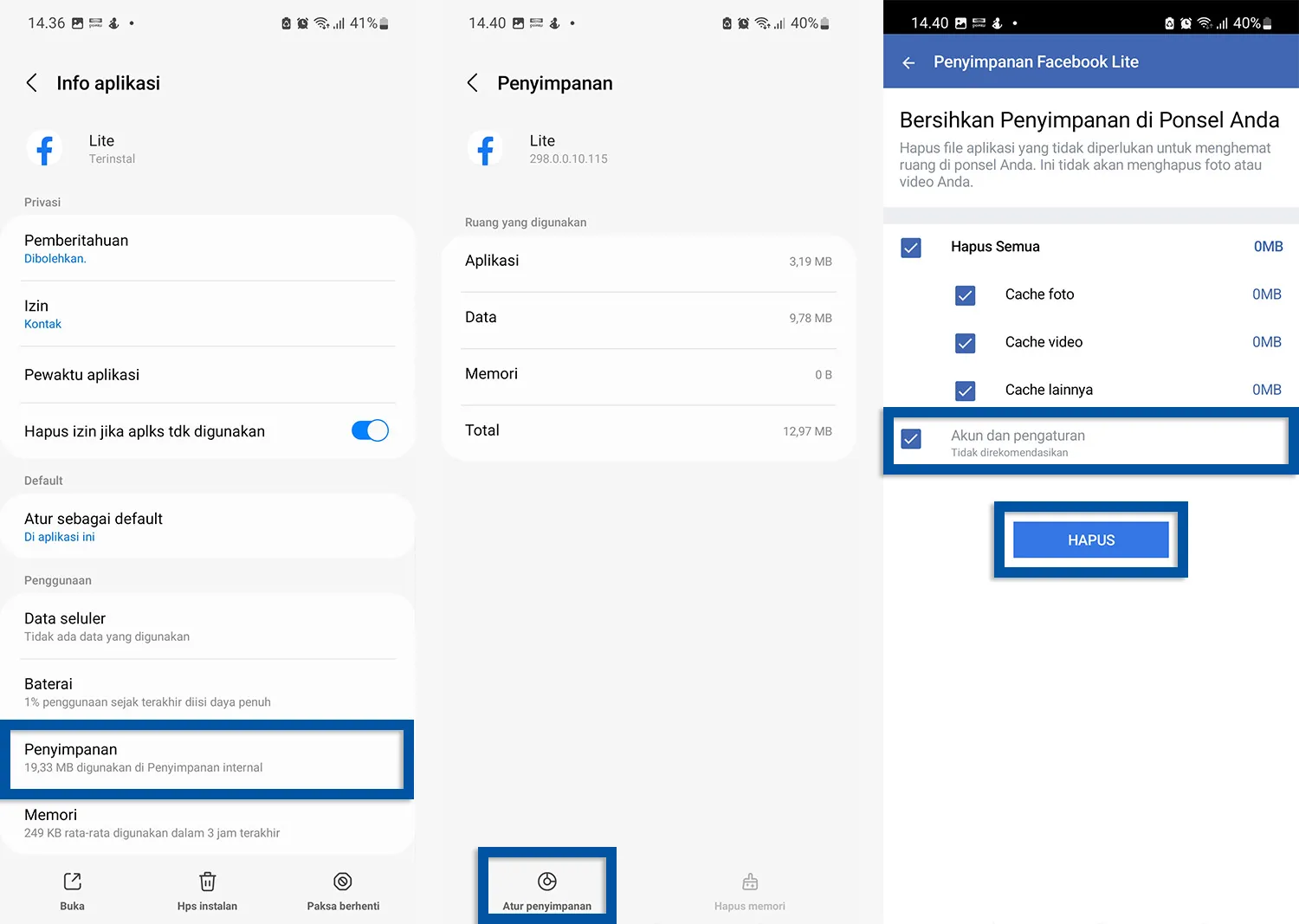 Hapus data aplikasi Facebook Lite