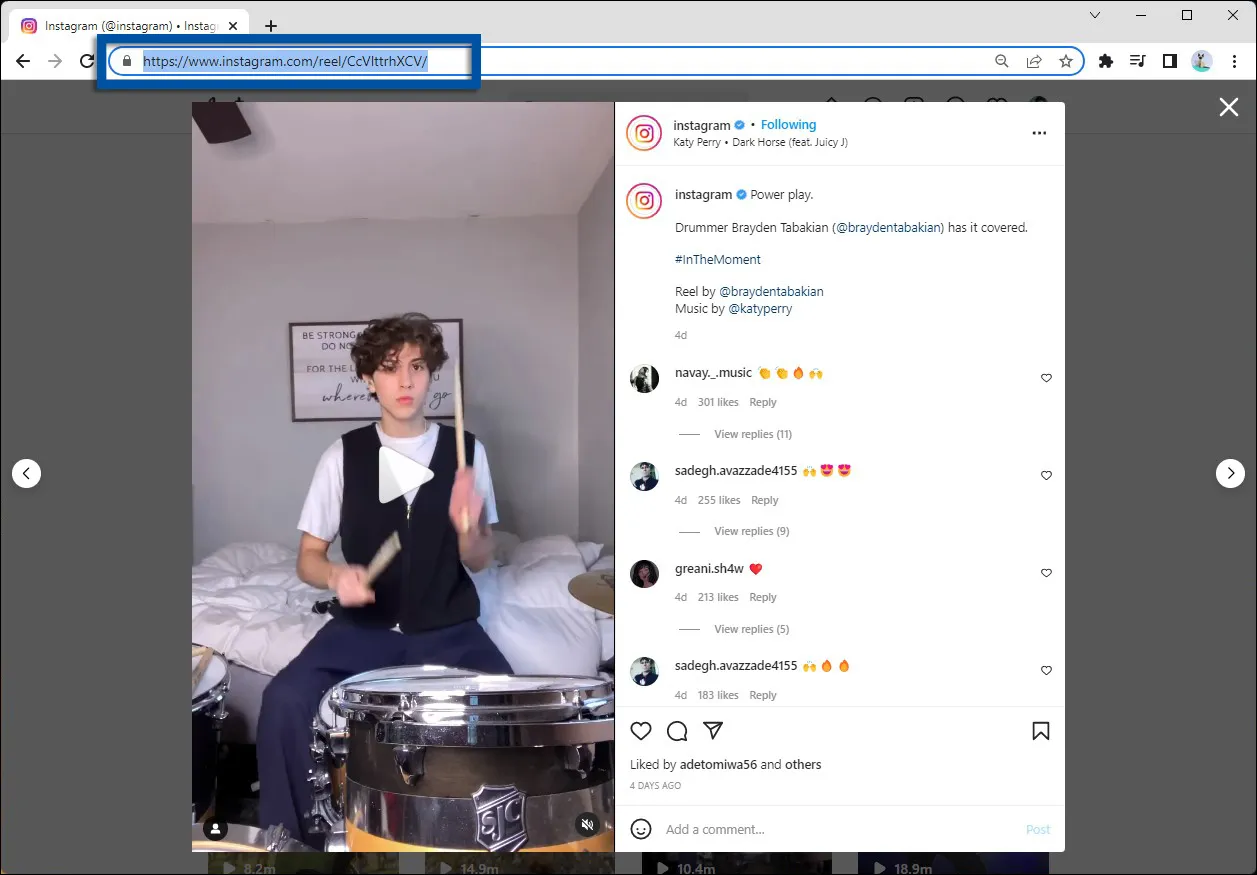 Salin URL IG Reels dari browser PC