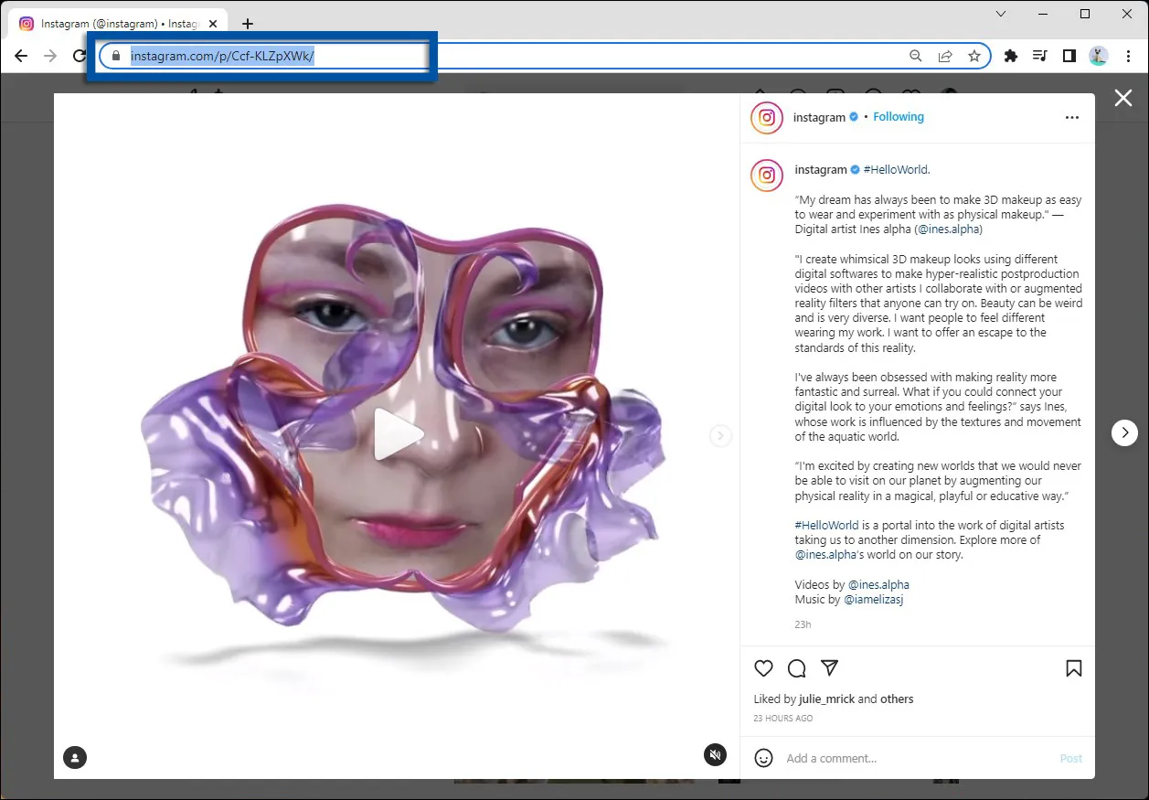 Salin URL foto dan video Instagram dari browser PC
