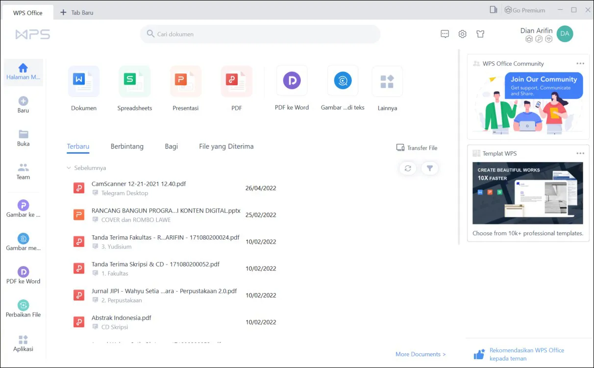 1 Tampilan beranda WPS Office