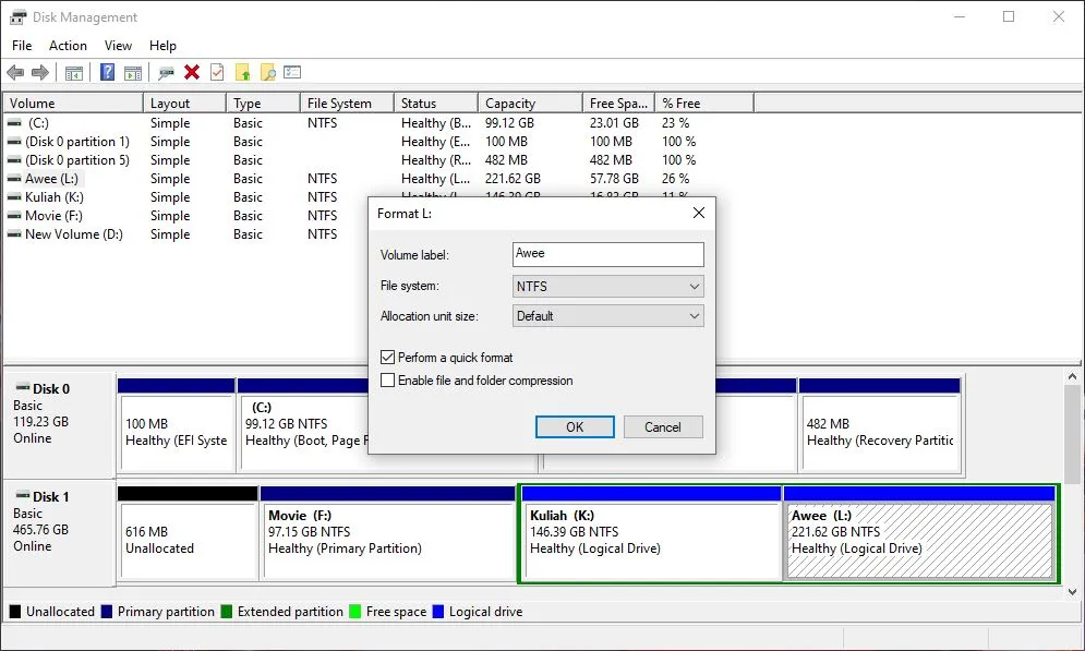 Format Hard Disk di Disk Management
