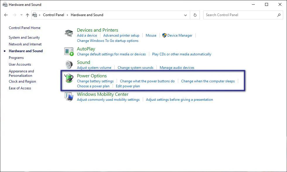 Power Options Control Panel
