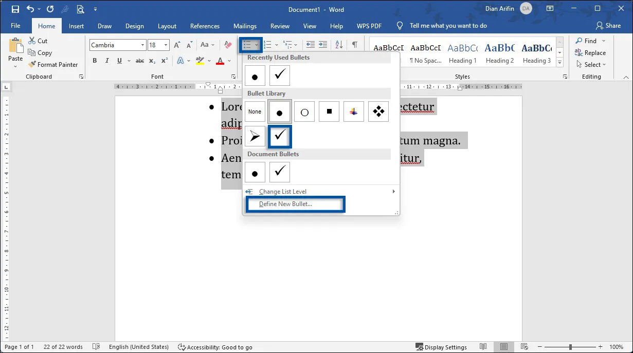 1 Atur Bullet ke simbol ceklis
