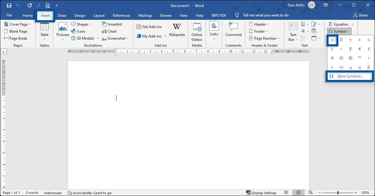 1 Buka fitur Symbol Microsoft Word