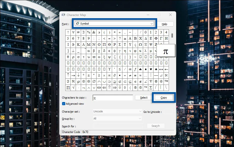 2 Cari dan pilih simbol Pi