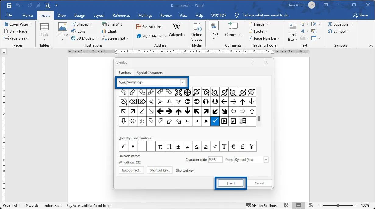 2 Membuat simbol centang di Word