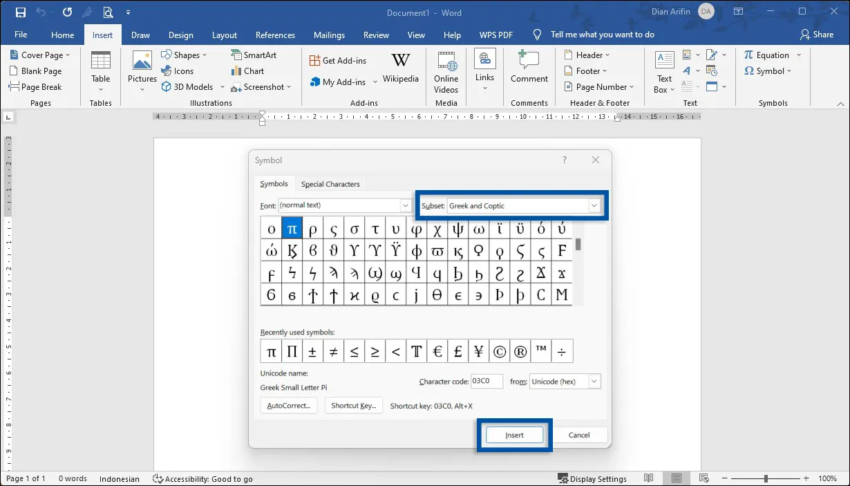 2 Pilih Simbol Pi Microsoft Word