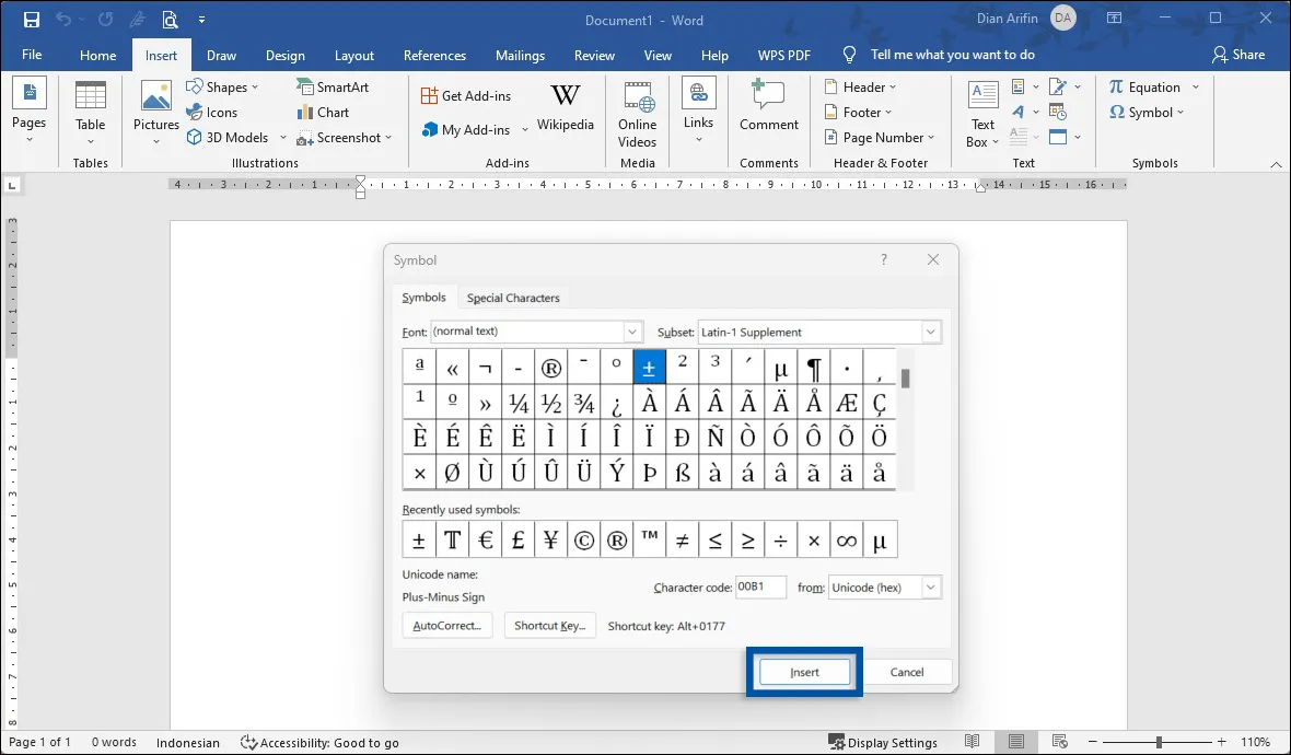 2 Pilih simbol kurang lebih Microsoft Word