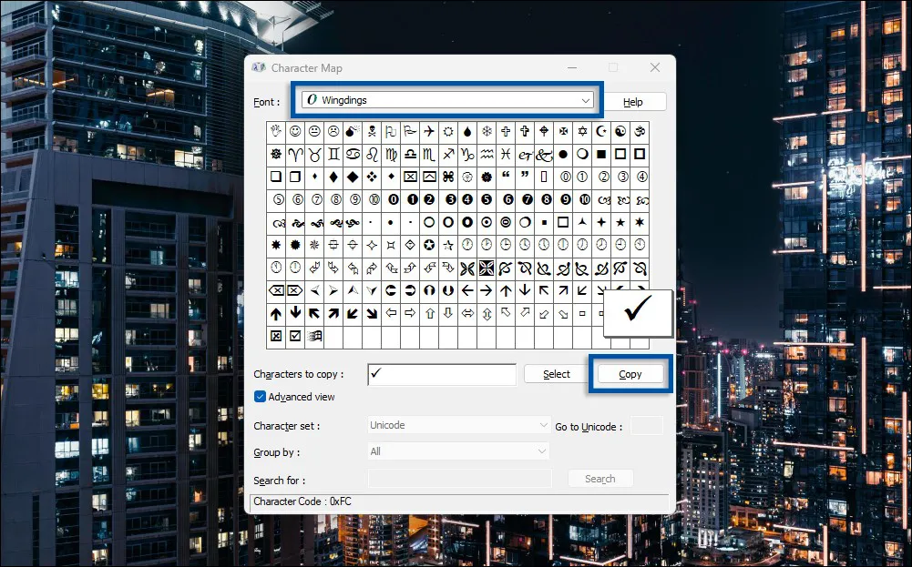 2 Temukan dan pilih simbol centang