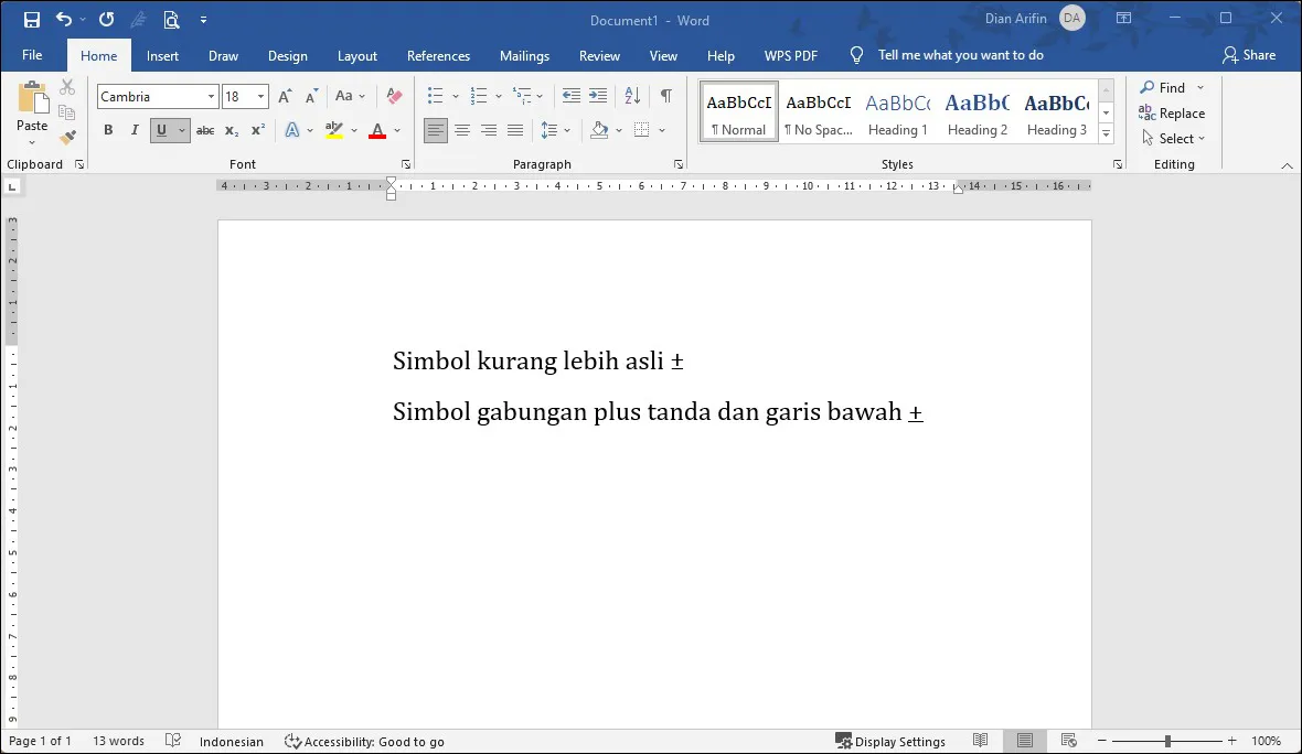 Simbol tanda plus dan garis bawah