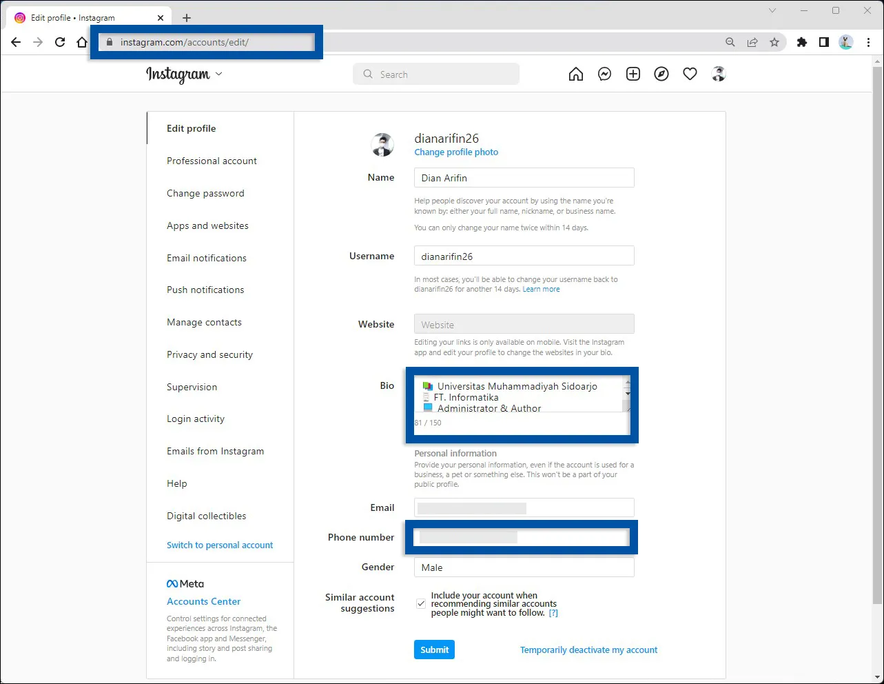 Cara Membuat Bio di Instagram Web