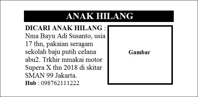 Iklan Kolom Kehilangan