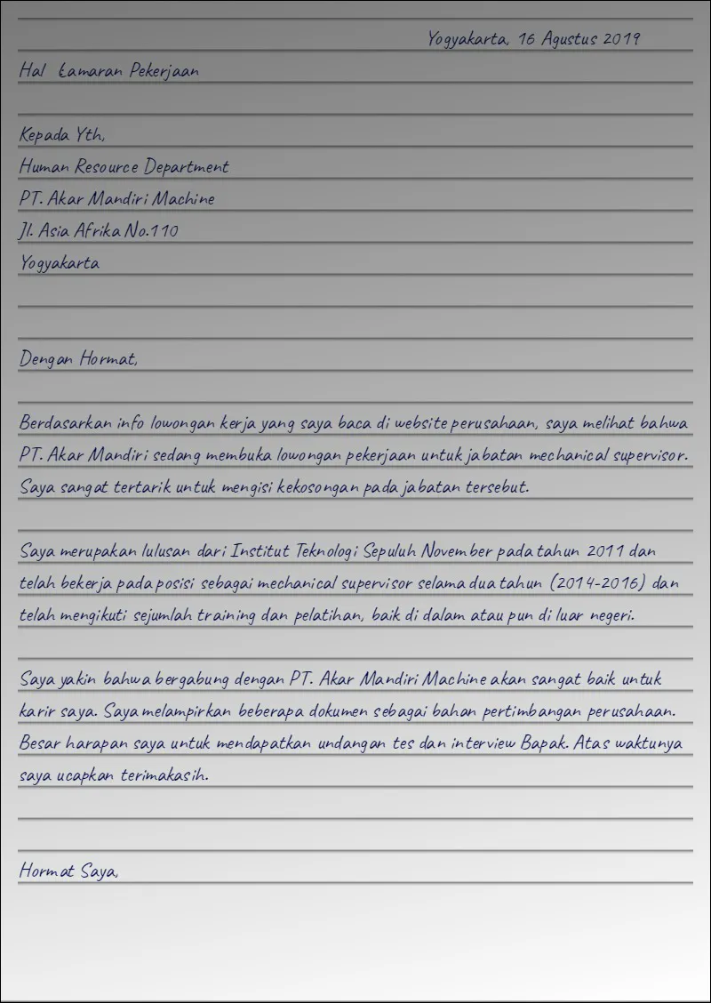 Surat Lamaran Kerja Mekanik