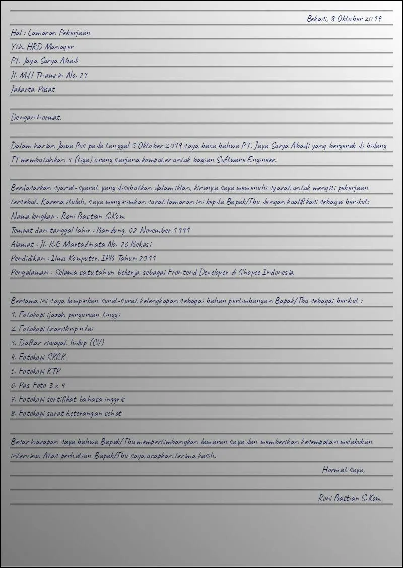 Surat Lamaran Kerja NON CPNS