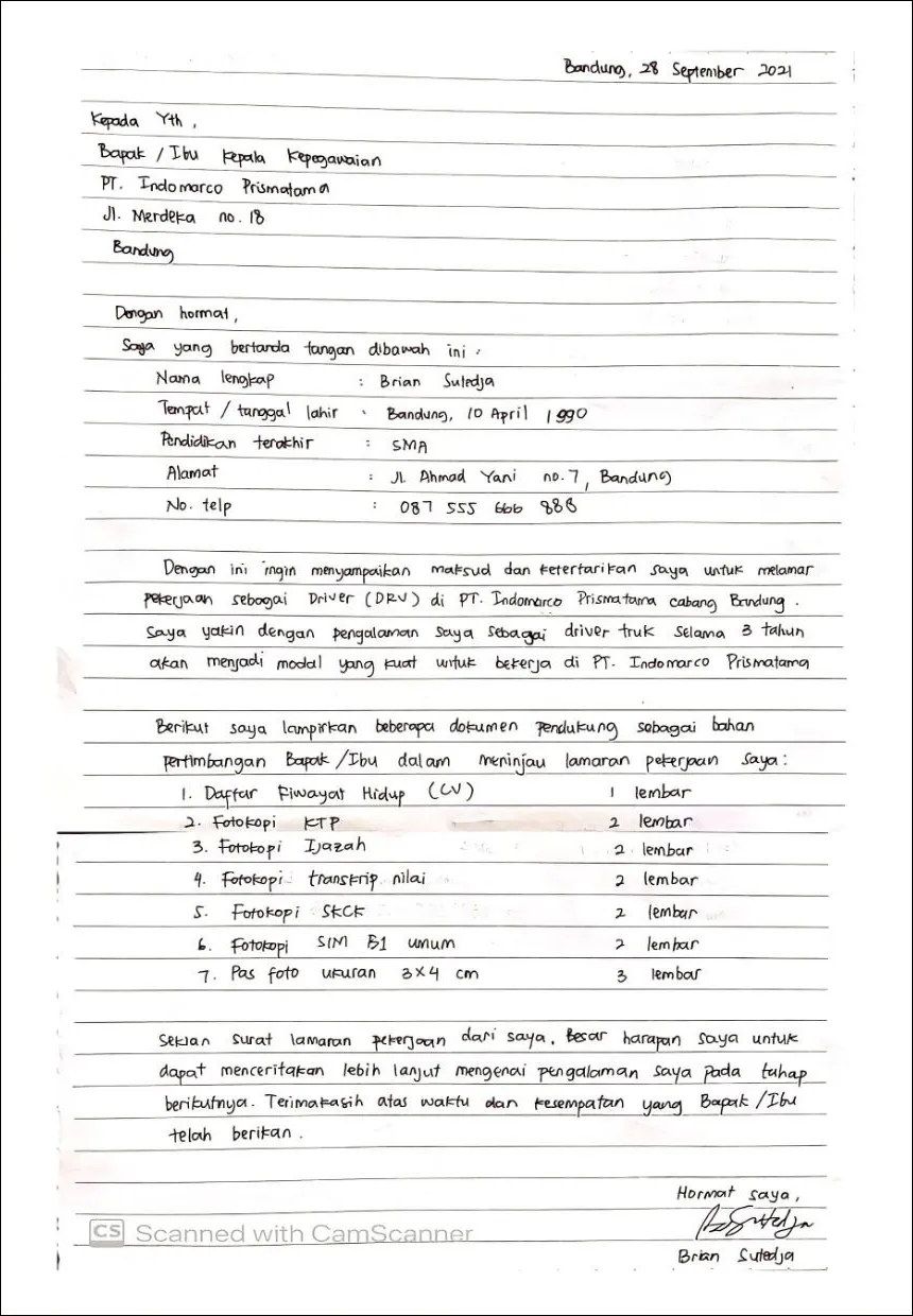 Surat Lamaran Kerja Pabrik