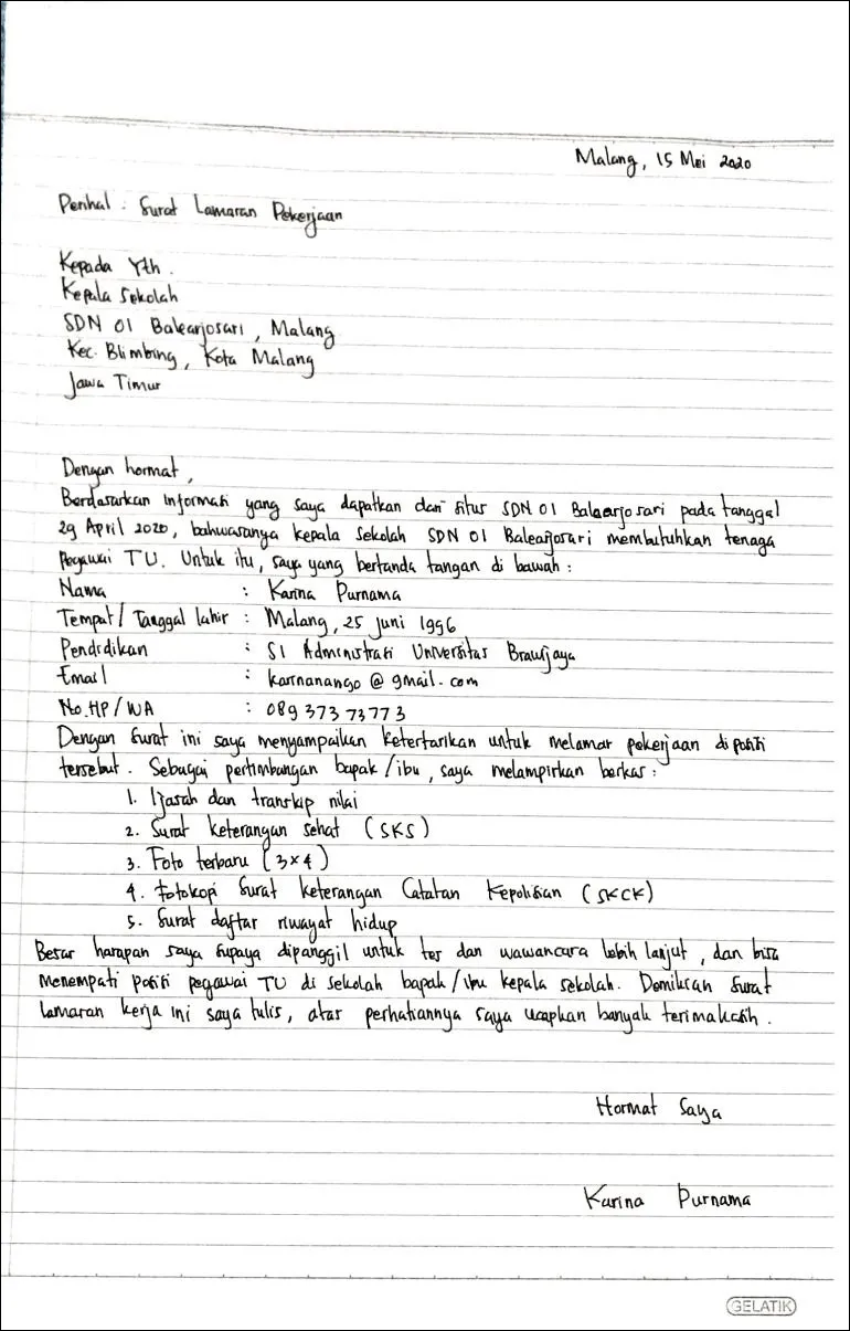 Surat Lamaran Kerja Pegawai TU Sekolah