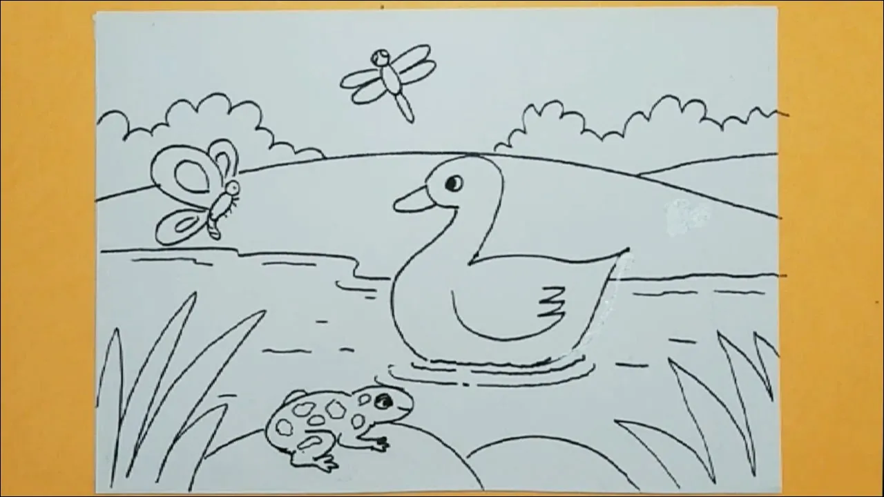 10 Angsa berenang di sungai yang indah bertemu dengan seekor katak, kupu-kupu, dan capung berterbangan