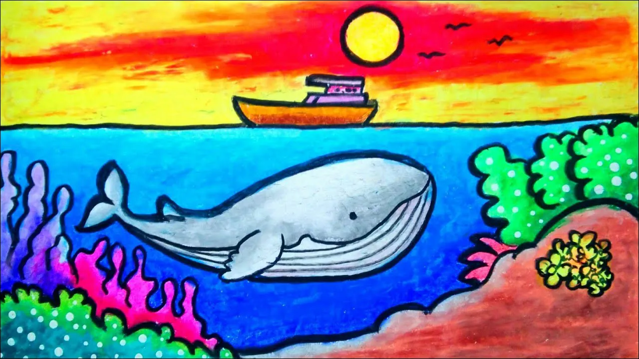 18 Paus berenang di tengah laut, dengan pemandangan langit sore dan kapal berlayar