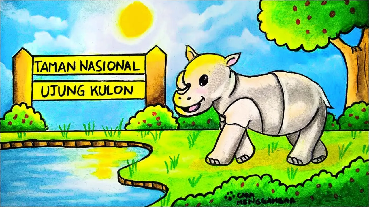 21 Menggambar flora dan fauna, badak bercula satu di hutan ujung kulon