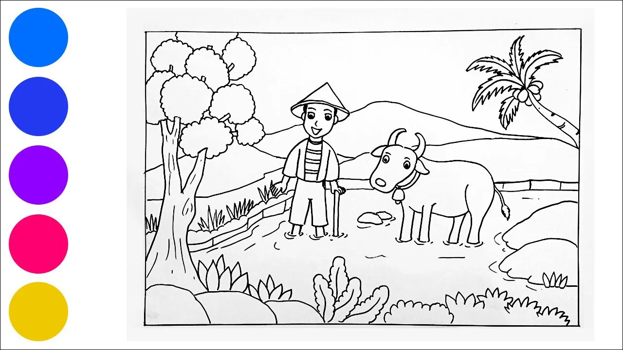 9 Pak tani dan kerbaunya di sawah yang sejuk