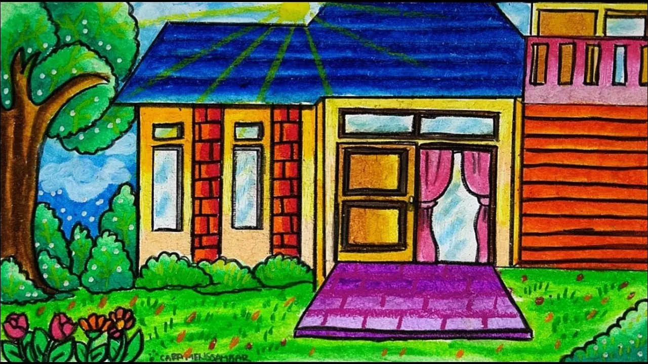 14 Menggambar rumah dengan warna gradasi dari oil pastel, cocok untuk pemula