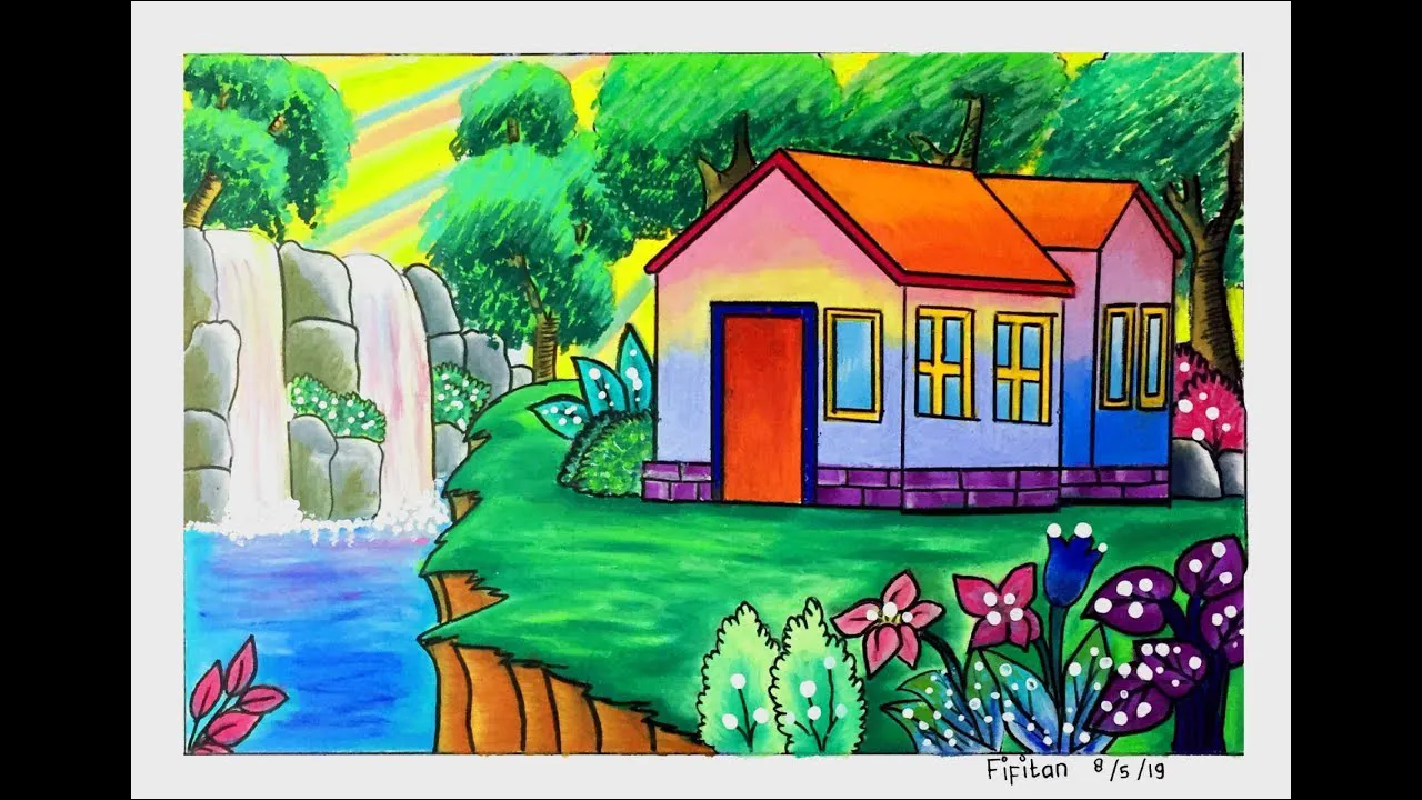 20 Menggambar pemandangan alam hijau dan air terjun yang indah