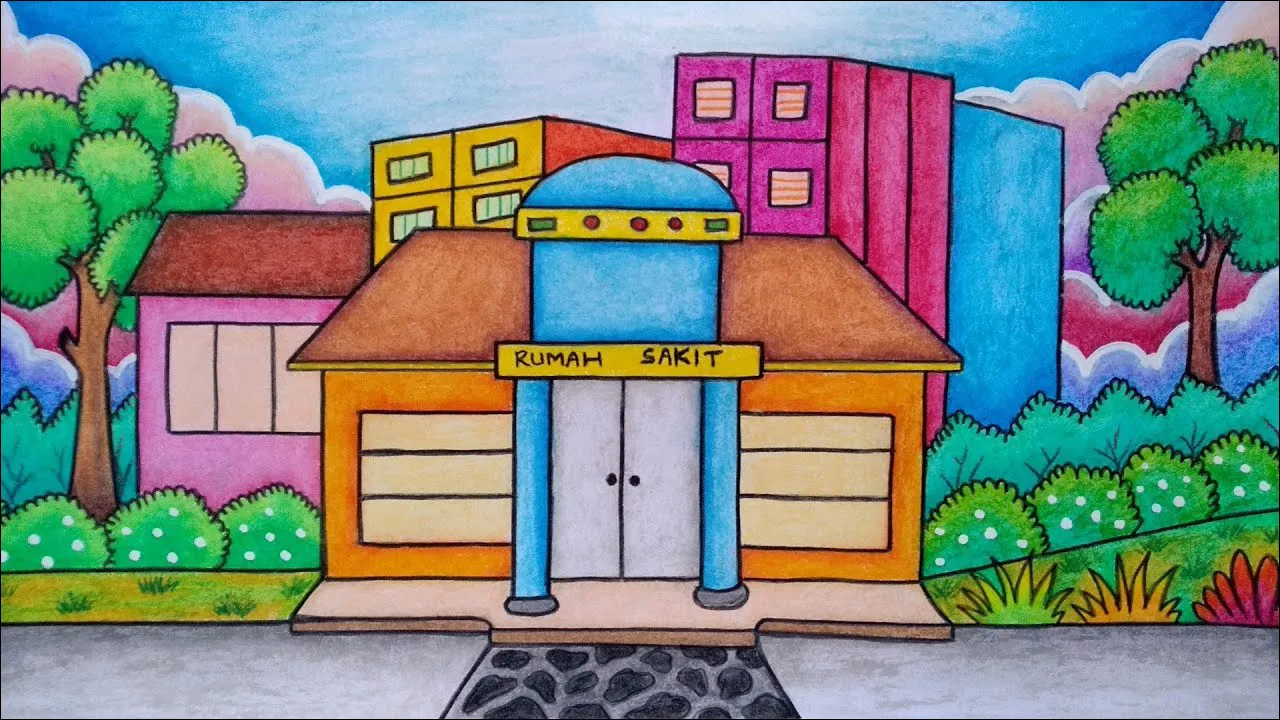 21 Menggambar rumah sakit besar dengan nuansa pemandangan sekitar yang indah