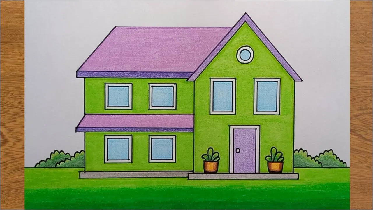 22 Menggambar rumah bertingkat warna pastel hijau dan ungu muda, dengan halaman hijau yang indah