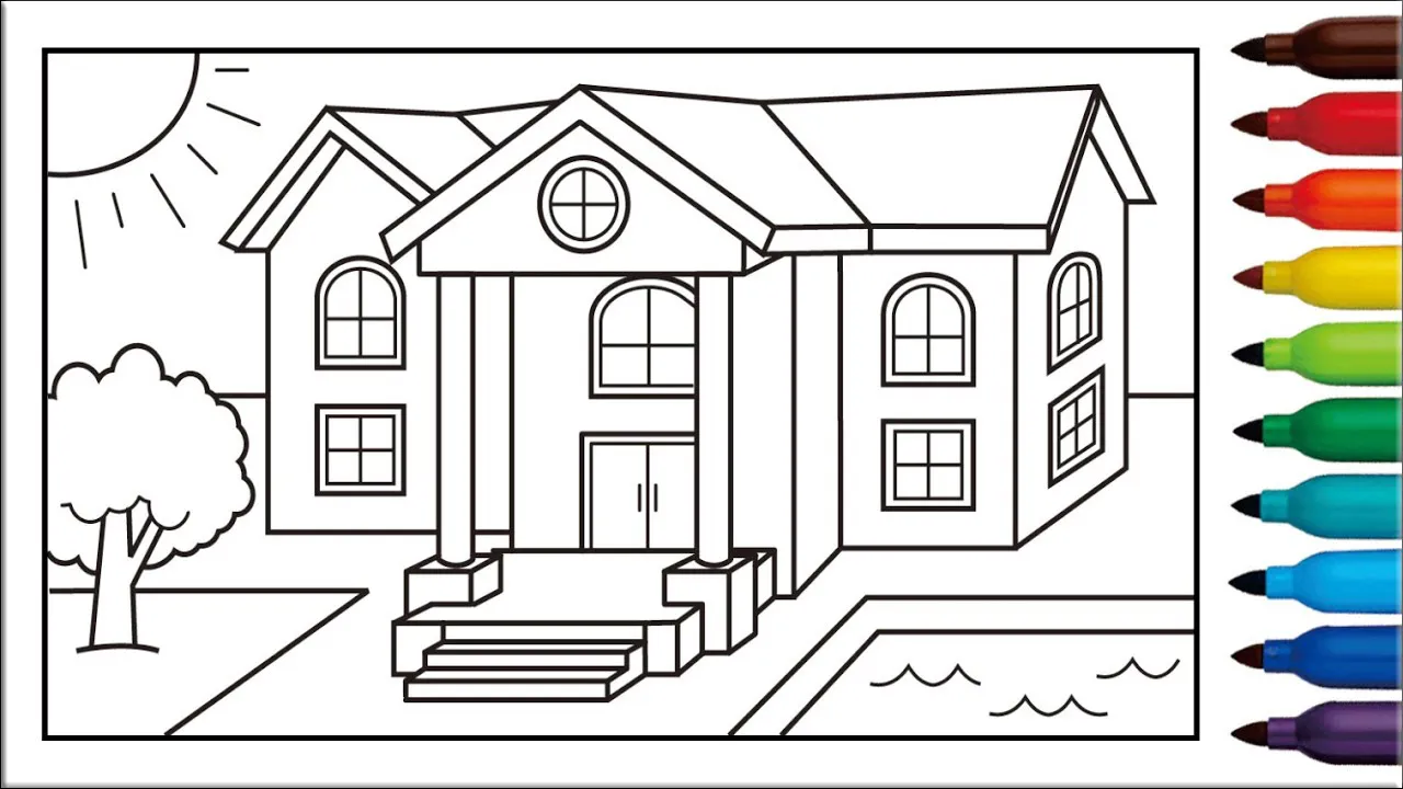 5 Menggambar rumah besar dengan halaman sekeliling, mudah diwarnai