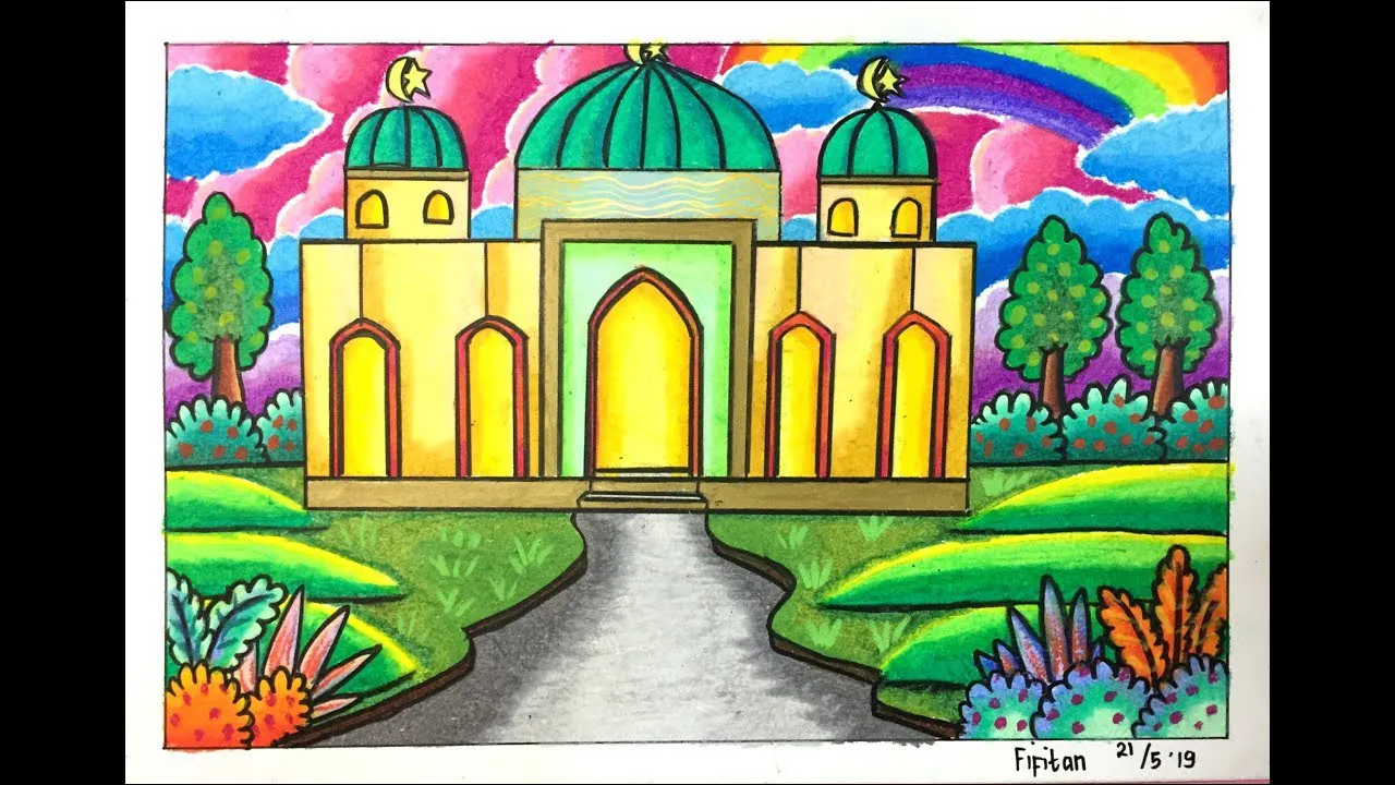 8 Menggambar Masjid (Rumah Allah SWT), Indah dengan warna gradasi