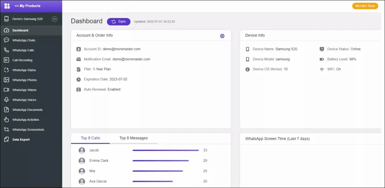 Dashboard MoniMaster for Android