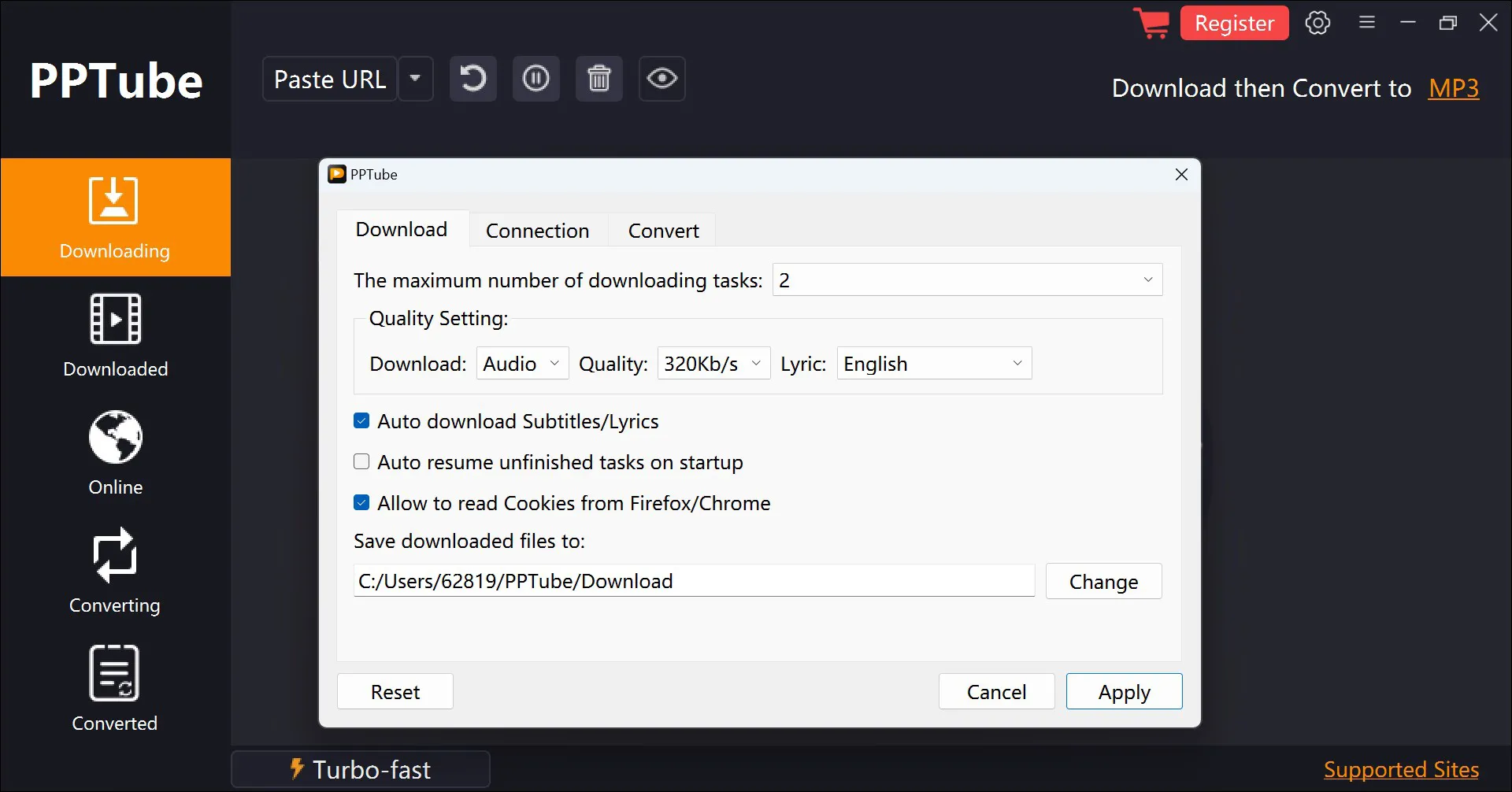 2 Ubah Opsi Pengaturan MP3 di PPTube