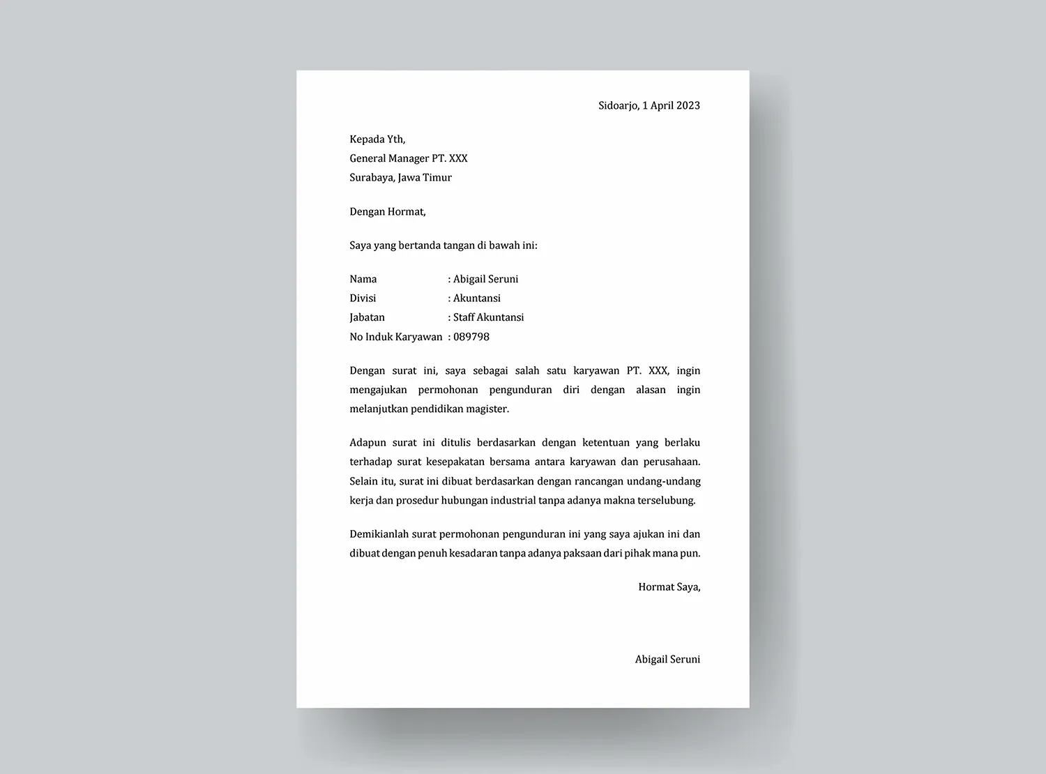 Contoh 1 Surat Pengunduran DIri Sederhana