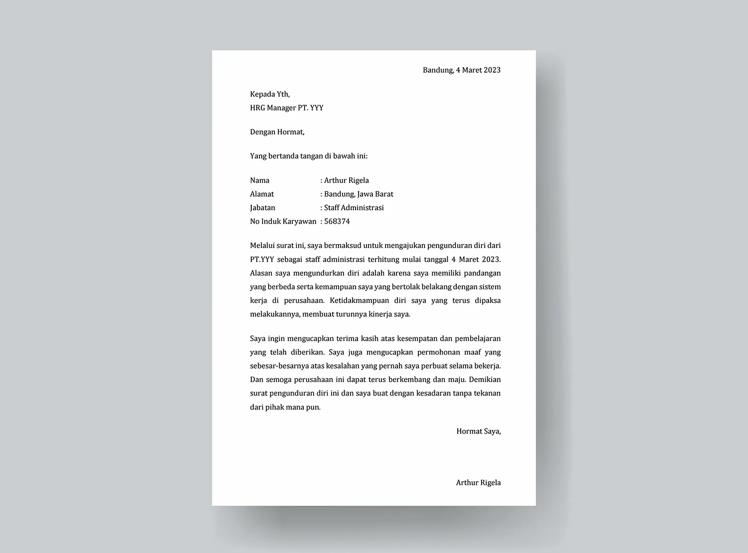 Contoh 2 Surat Pengunduran DIri