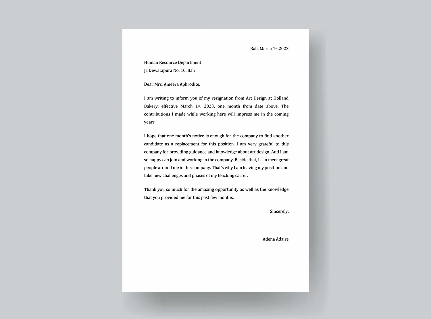 Contoh 3 Surat Pengunduran DIri Bahasa Inggris