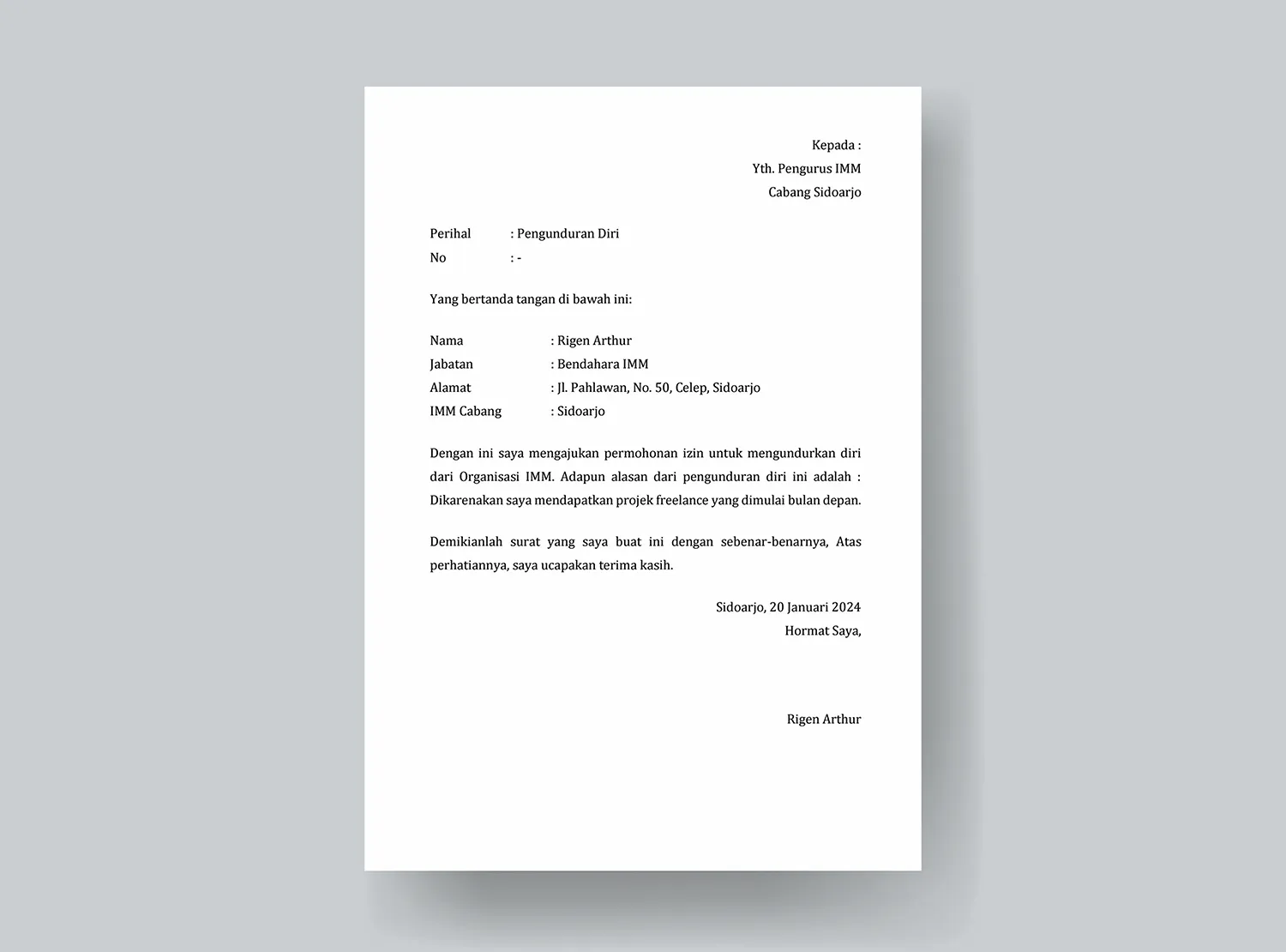 Contoh 4 Surat Pengunduran DIri Dari Organisasi