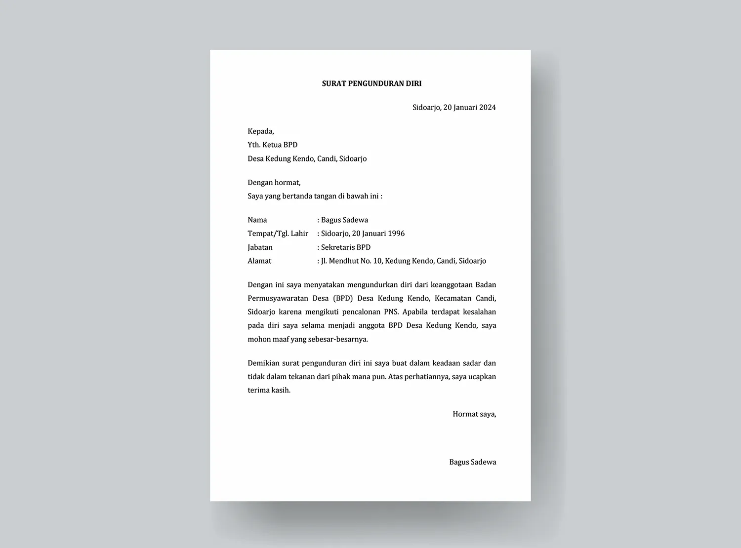 Contoh 5 Surat Pengunduran DIri Dari Pemerintah